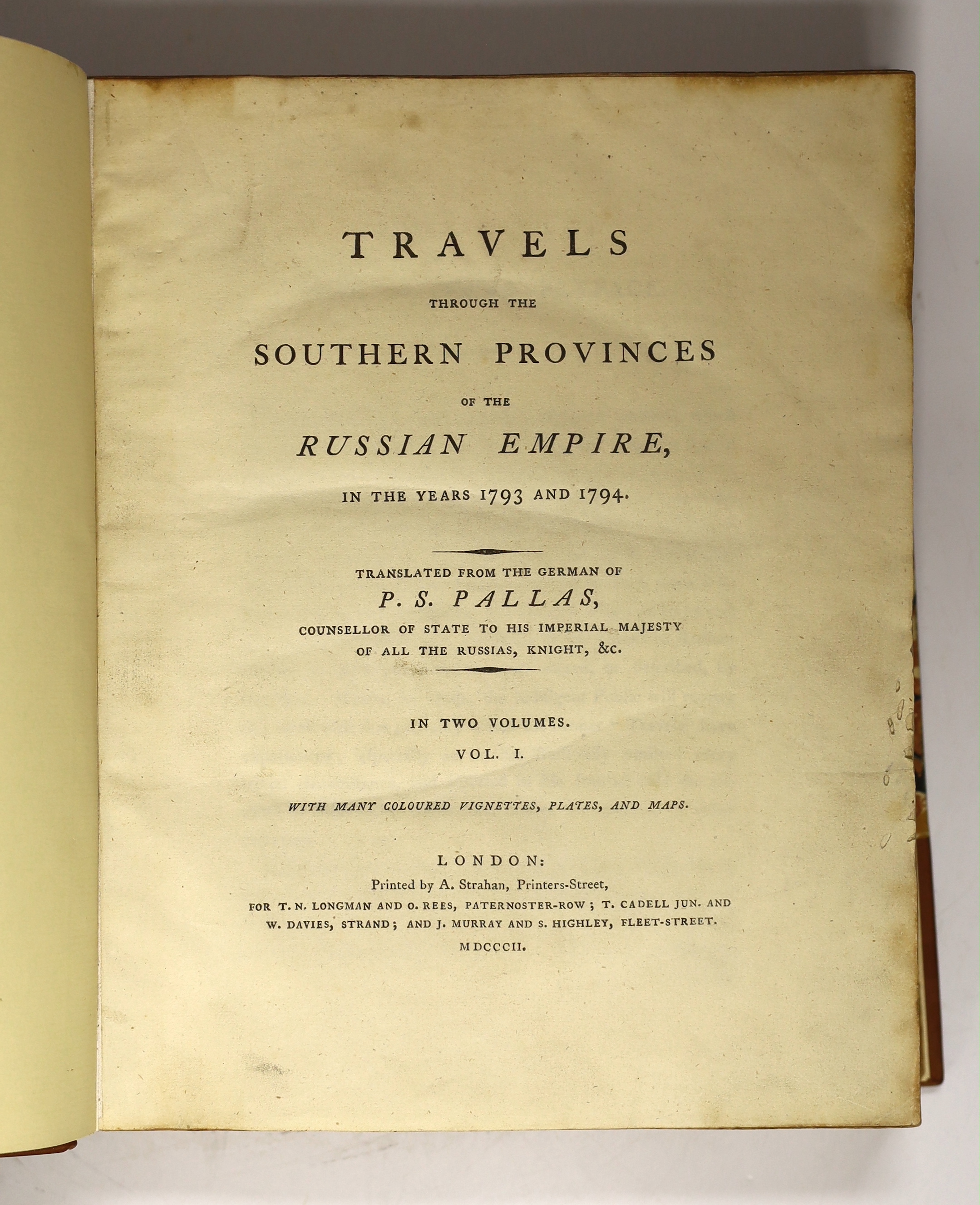 Pallas, Peter Simon - Travels through the Southern Provinces of the Russian Empire, in the years 1793 and 1794. Translated from the German ...First English Edition, 2 vols. 52 plates (mostly hand coloured), a few text en